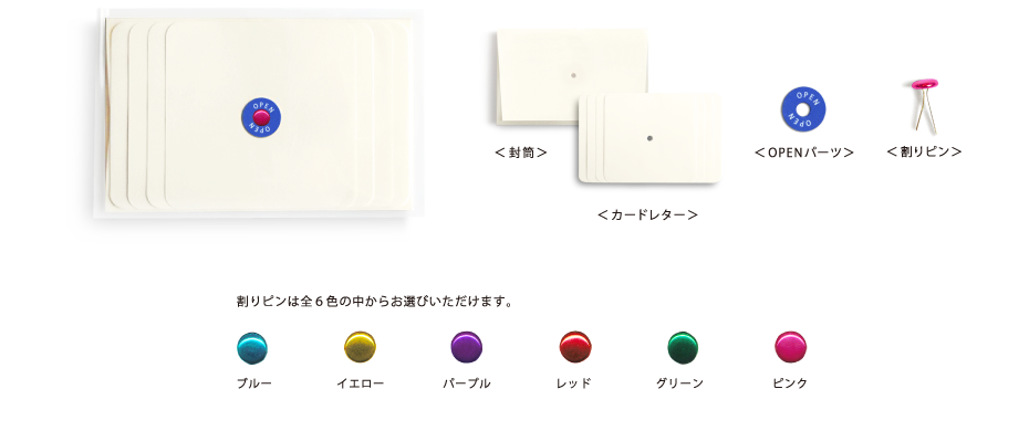 ミシン線入りのカードレター、封筒、OPENパーツ、割りピンの各１セット入りです。Price：¥504 (本体：¥480 )